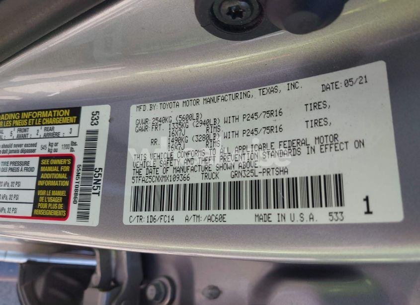 Photo 9 of 2021 Toyota Tacoma SR5 V6 (VIN 5TFAZ5CNXMX109366)