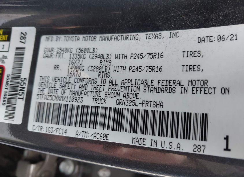 Photo 9 of 2021 Toyota Tacoma SR5 V6 (VIN 5TFAZ5CNXMX110923)