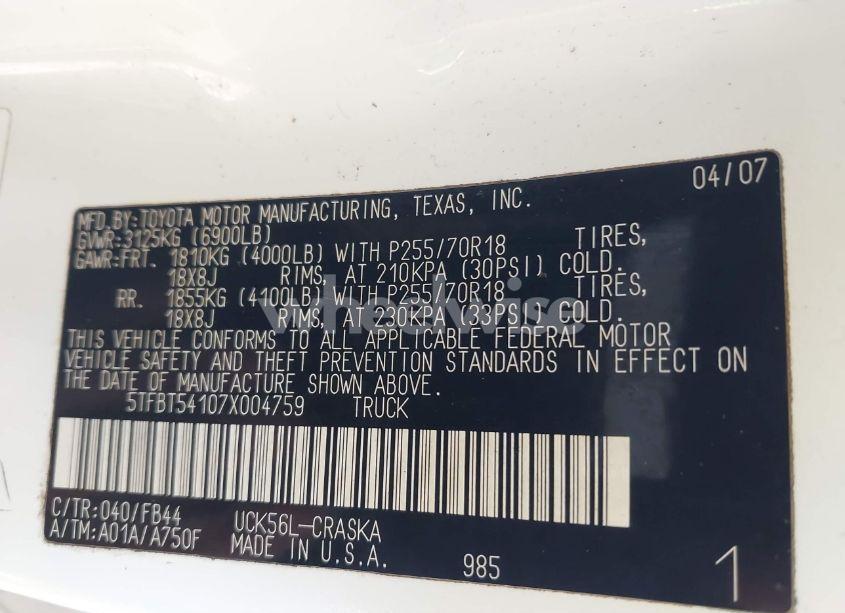 Photo 9 of 2007 Toyota Tundra SR5 4.7L V8 (VIN 5TFBT54107X004759)