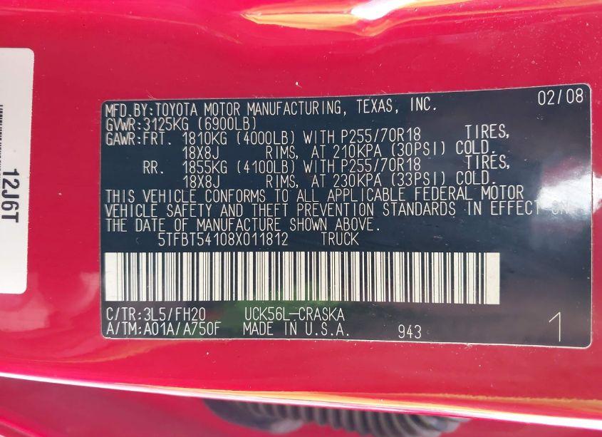 Photo 9 of 2008 Toyota Tundra BASE 4.7L V8 (VIN 5TFBT54108X011812)