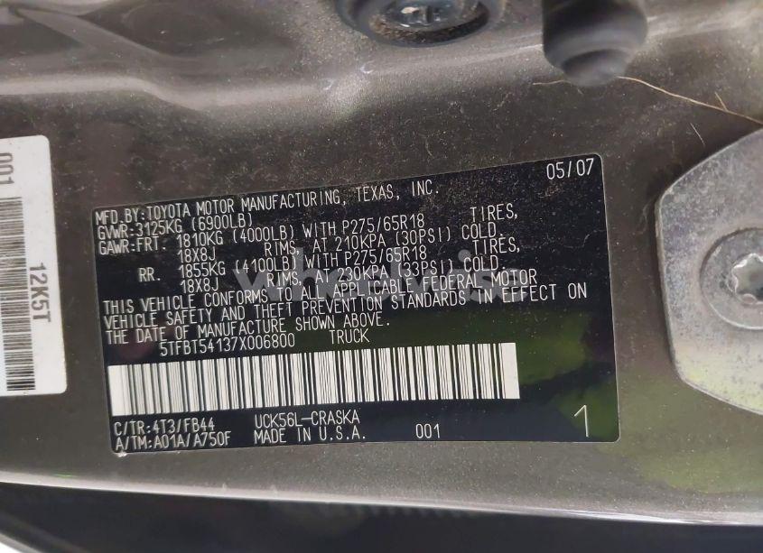 Photo 9 of 2007 Toyota Tundra SR5 4.7L V8 (VIN 5TFBT54137X006800)