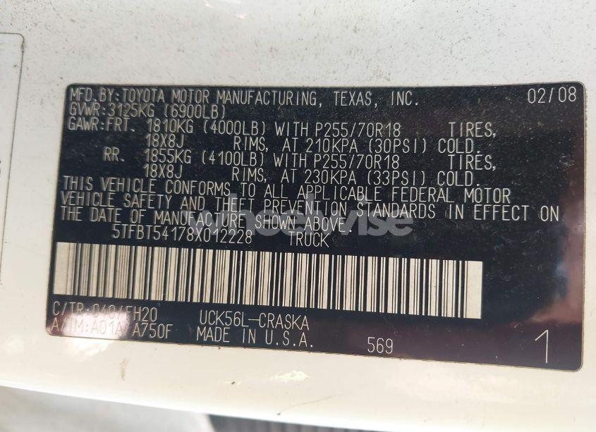 Photo 9 of 2008 Toyota Tundra BASE 4.7L V8 (VIN 5TFBT54178X012228)