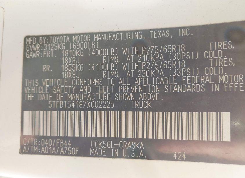 Photo 9 of 2007 Toyota Tundra SR5 4.7L V8 (VIN 5TFBT54187X002225)