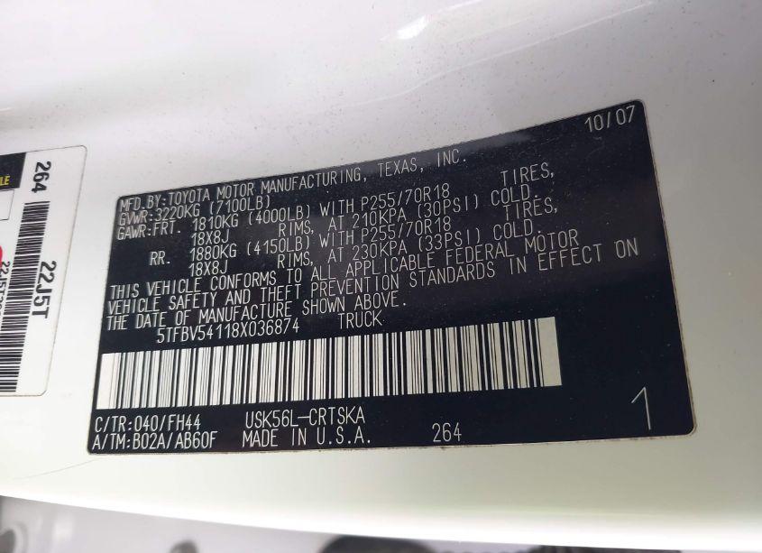 Photo 9 of 2008 Toyota Tundra SR5 5.7L V8 (VIN 5TFBV54118X036874)