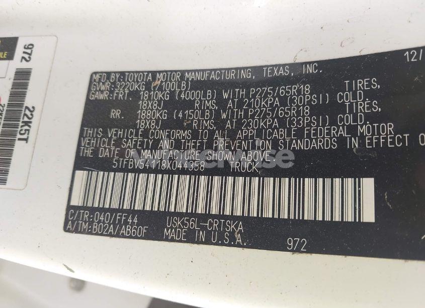 Photo 9 of 2008 Toyota Tundra SR5 5.7L V8 (VIN 5TFBV54118X044358)