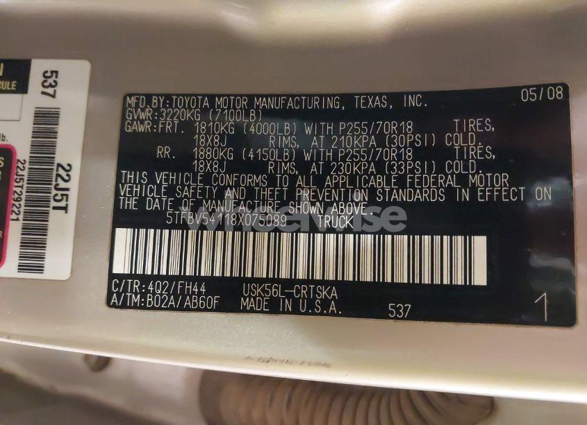 Photo 9 of 2008 Toyota Tundra BASE 5.7L V8 (VIN 5TFBV54118X075089)