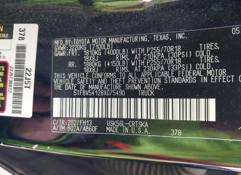 Photo 9 of 2008 Toyota Tundra SR5 5.7L V8 (VIN 5TFBV54128X075490)