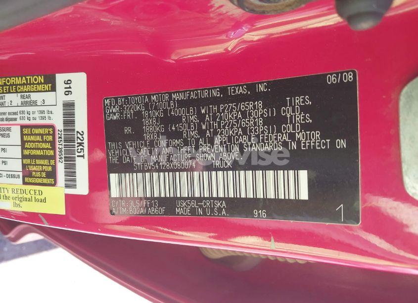 Photo 9 of 2008 Toyota Tundra SR5 5.7L V8 (VIN 5TFBV54128X080074)