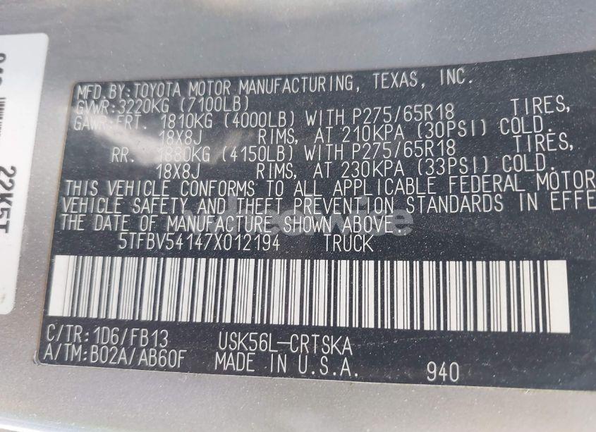 Photo 9 of 2007 Toyota Tundra SR5 5.7L V8 (VIN 5TFBV54147X012194)