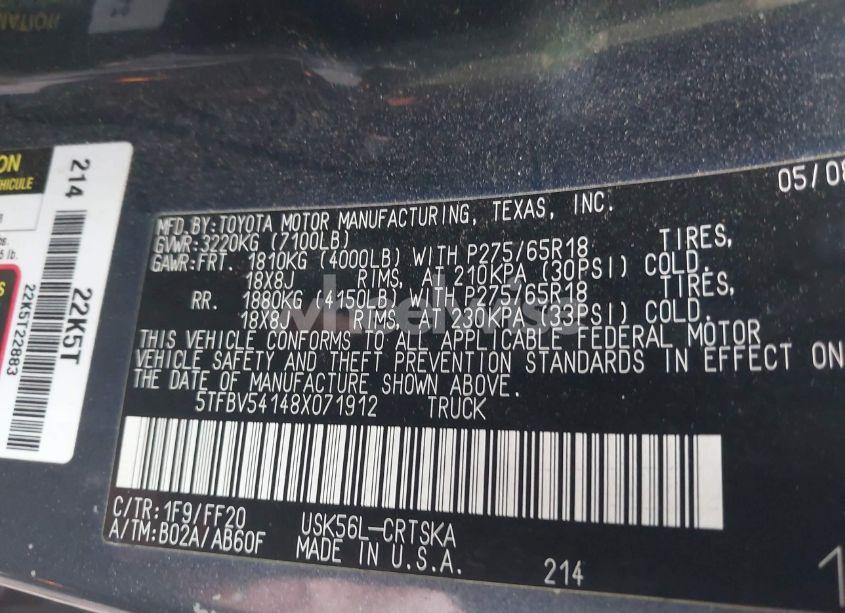 Photo 9 of 2008 Toyota Tundra SR5 5.7L V8 (VIN 5TFBV54148X071912)