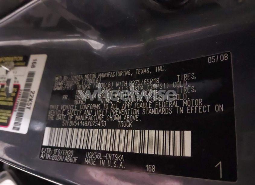Photo 9 of 2008 Toyota Tundra SR5 5.7L V8 (VIN 5TFBV54148X075409)