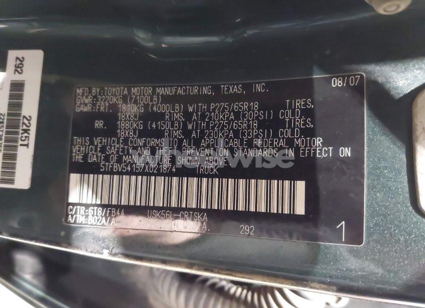 Photo 9 of 2007 Toyota Tundra SR5 5.7L V8 (VIN 5TFBV54157X021874)