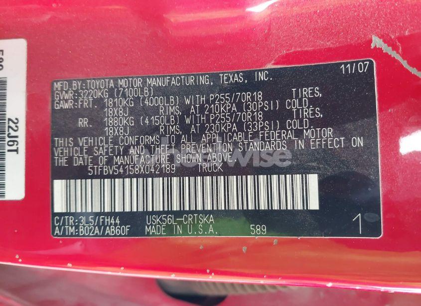 Photo 9 of 2008 Toyota Tundra BASE 5.7L V8 (VIN 5TFBV54158X042189)