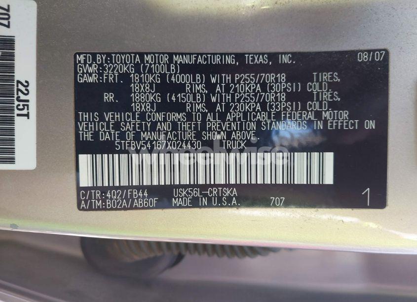 Photo 9 of 2007 Toyota Tundra SR5 5.7L V8 (VIN 5TFBV54167X024430)