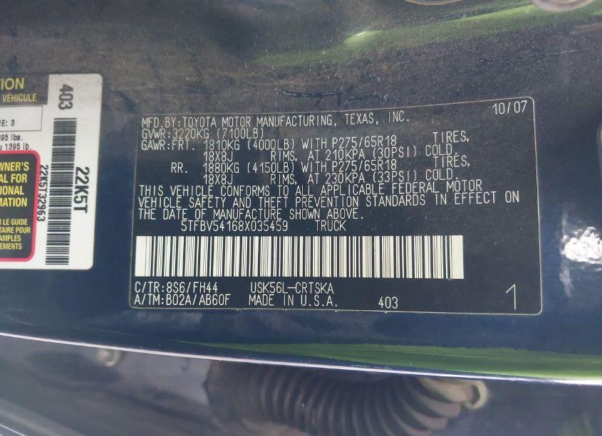 Photo 9 of 2008 Toyota Tundra SR5 5.7L V8 (VIN 5TFBV54168X035459)