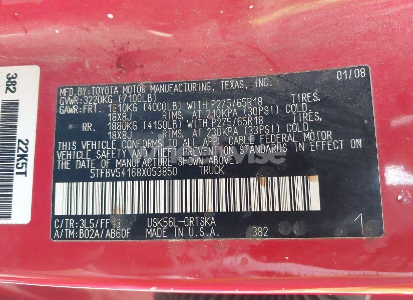 Photo 9 of 2008 Toyota Tundra SR5 5.7L V8 (VIN 5TFBV54168X053850)