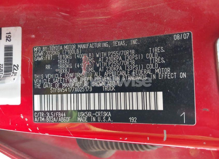 Photo 9 of 2007 Toyota Tundra SR5 5.7L V8 (VIN 5TFBV54177X025179)