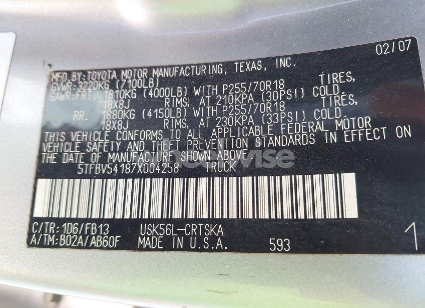 Photo 9 of 2007 Toyota Tundra SR5 5.7L V8 (VIN 5TFBV54187X004258)