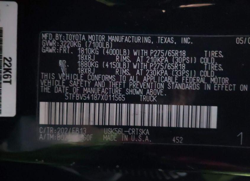 Photo 9 of 2007 Toyota Tundra SR5 5.7L V8 (VIN 5TFBV54187X011565)