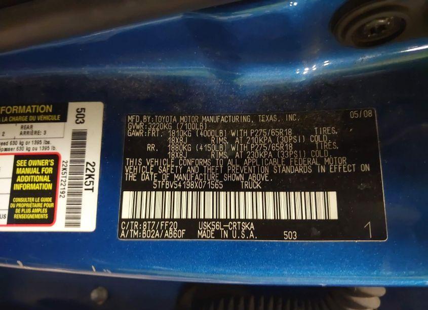 Photo 9 of 2008 Toyota Tundra SR5 5.7L V8 (VIN 5TFBV54198X071565)