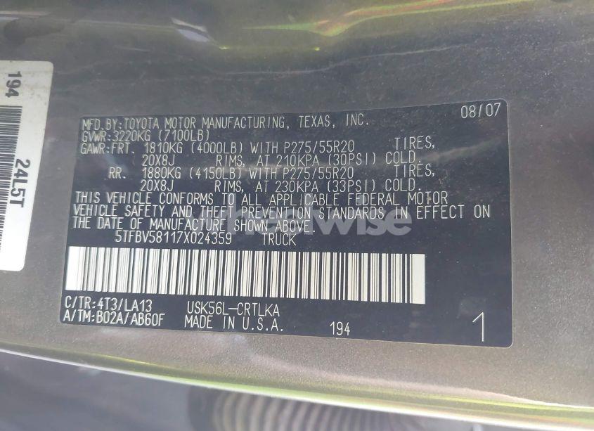 Photo 9 of 2007 Toyota Tundra LIMITED 5.7L V8 (VIN 5TFBV58117X024359)