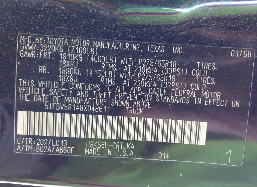 Photo 9 of 2008 Toyota Tundra LIMITED 5.7L V8 (VIN 5TFBV58148X048611)