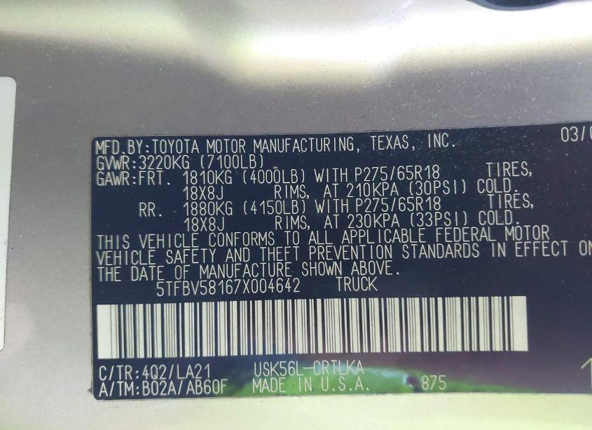 Photo 9 of 2007 Toyota Tundra LIMITED 5.7L V8 (VIN 5TFBV58167X004642)