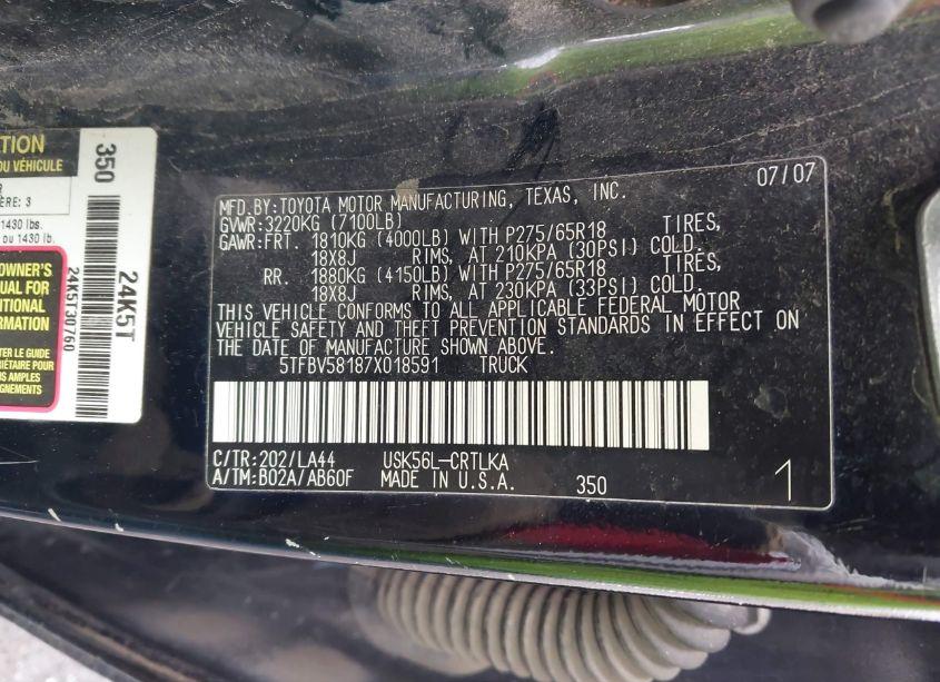 Photo 9 of 2007 Toyota Tundra LIMITED 5.7L V8 (VIN 5TFBV58187X018591)