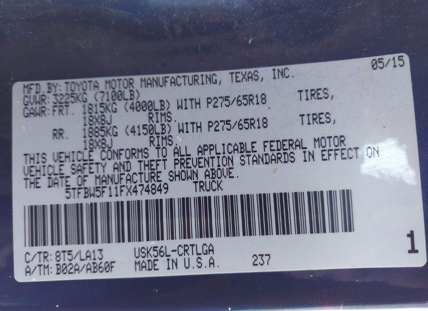 Photo 9 of 2015 Toyota Tundra LIMITED 5.7L V8 (VIN 5TFBW5F11FX474849)