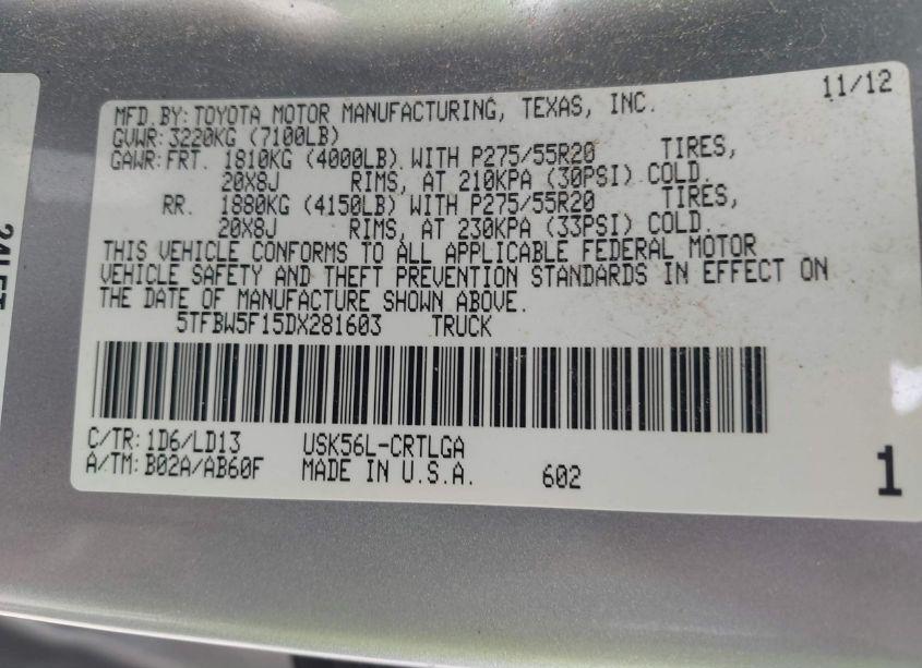 Photo 9 of 2013 Toyota Tundra LIMITED 5.7L V8 (VIN 5TFBW5F15DX281603)