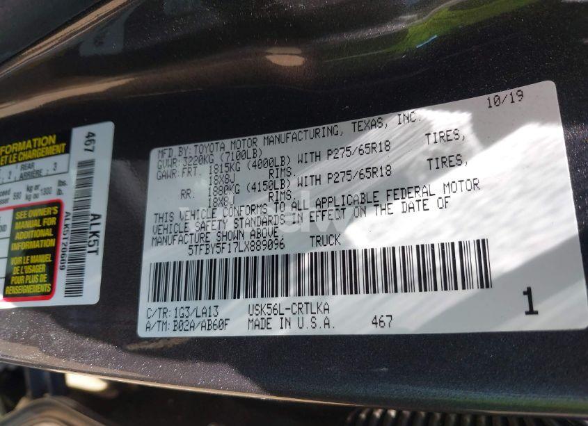 Photo 9 of 2020 Toyota Tundra LIMITED (VIN 5TFBY5F17LX889096)