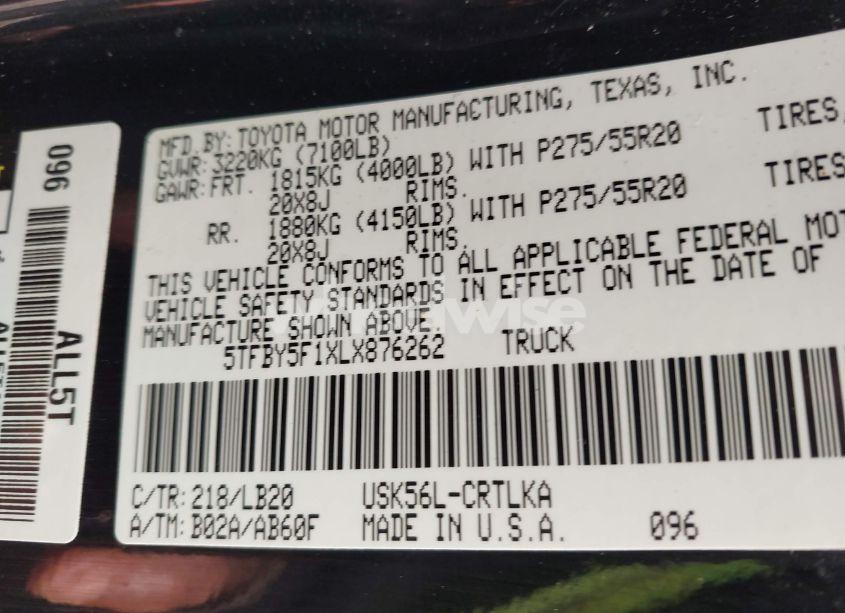 Photo 9 of 2020 Toyota Tundra LIMITED (VIN 5TFBY5F1XLX876262)