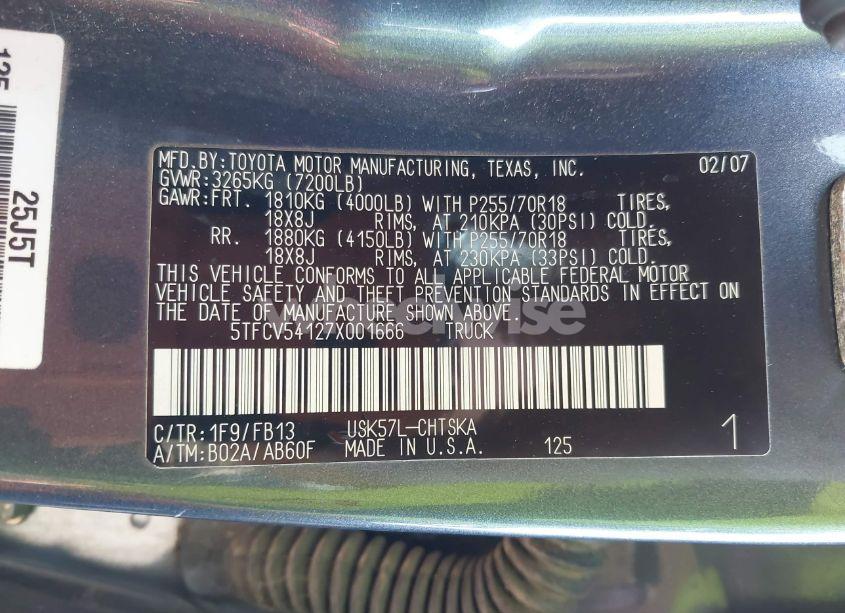 Photo 9 of 2007 Toyota Tundra SR5 5.7L V8 (VIN 5TFCV54127X001666)