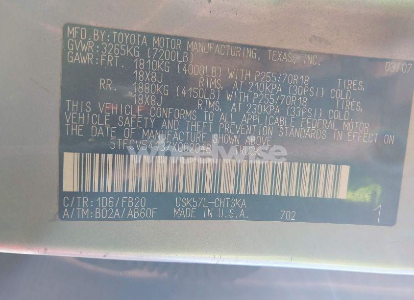 Photo 9 of 2007 Toyota Tundra SR5 5.7L V8 (VIN 5TFCV54137X002048)