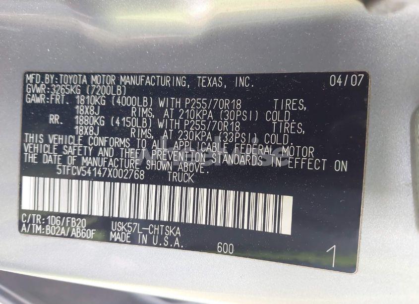 Photo 9 of 2007 Toyota Tundra SR5 5.7L V8 (VIN 5TFCV54147X002768)