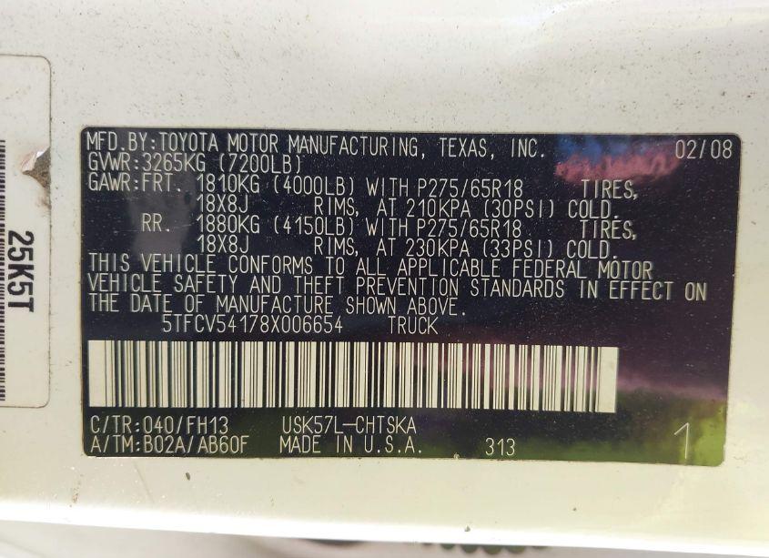 Photo 9 of 2008 Toyota Tundra SR5 5.7L V8 (VIN 5TFCV54178X006654)