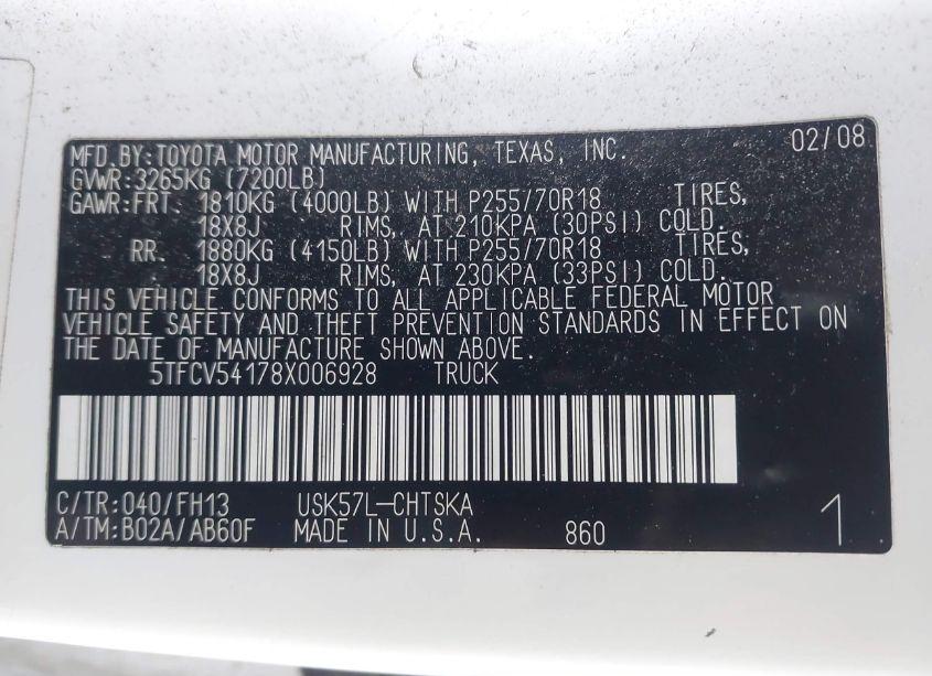 Photo 9 of 2008 Toyota Tundra BASE 5.7L V8 (VIN 5TFCV54178X006928)