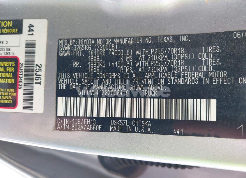 Photo 9 of 2008 Toyota Tundra BASE 5.7L V8 (VIN 5TFCV54178X008419)