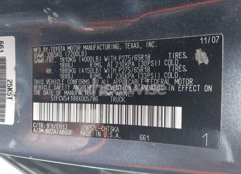 Photo 9 of 2008 Toyota Tundra SR5 5.7L V8 (VIN 5TFCV54188X005786)