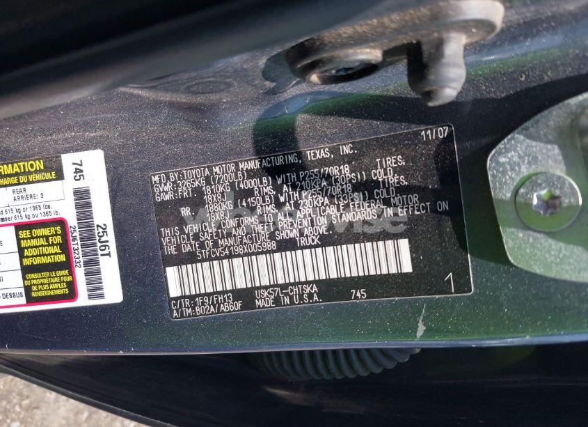 Photo 9 of 2008 Toyota Tundra BASE 5.7L V8 (VIN 5TFCV54198X005988)