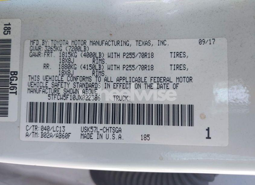 Photo 9 of 2018 Toyota Tundra SR 5.7L V8 (VIN 5TFCW5F10JX022386)