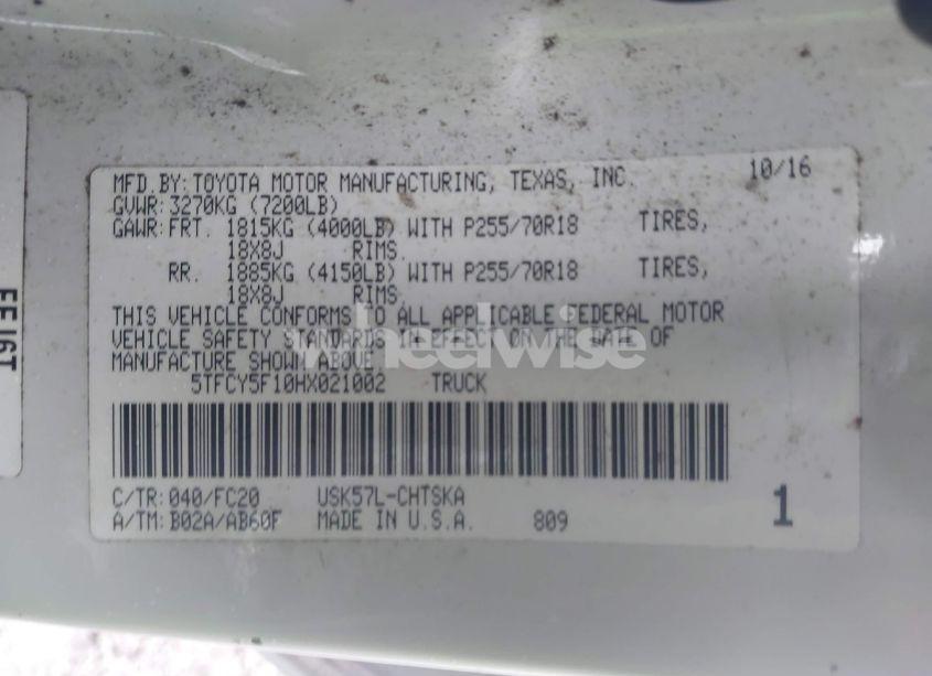 Photo 9 of 2017 Toyota Tundra SR5 5.7L V8 (VIN 5TFCY5F10HX021002)