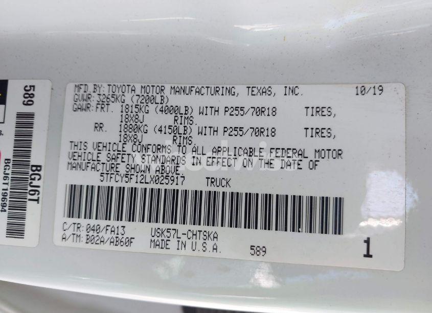 Photo 9 of 2020 Toyota Tundra SR (VIN 5TFCY5F12LX025917)