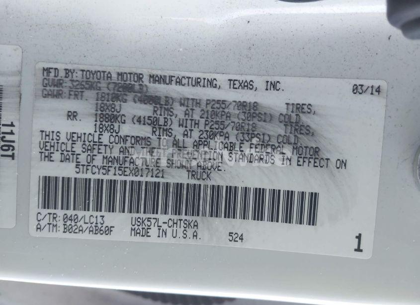 Photo 9 of 2014 Toyota Tundra SR 5.7L V8 (VIN 5TFCY5F15EX017121)