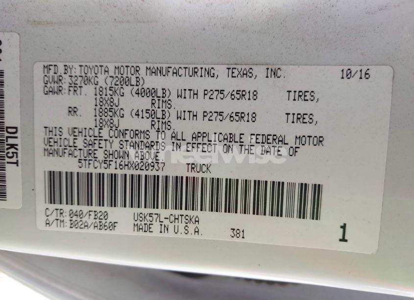 Photo 9 of 2017 Toyota Tundra SR5 5.7L V8 (VIN 5TFCY5F16HX020937)