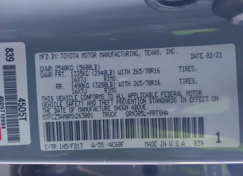 Photo 9 of 2021 Toyota Tacoma TRD OFF-ROAD (VIN 5TFCZ5AN0MX263001)