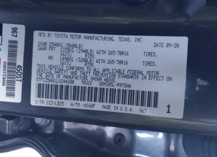 Photo 9 of 2020 Toyota Tacoma TRD PRO (VIN 5TFCZ5AN1LX244200)