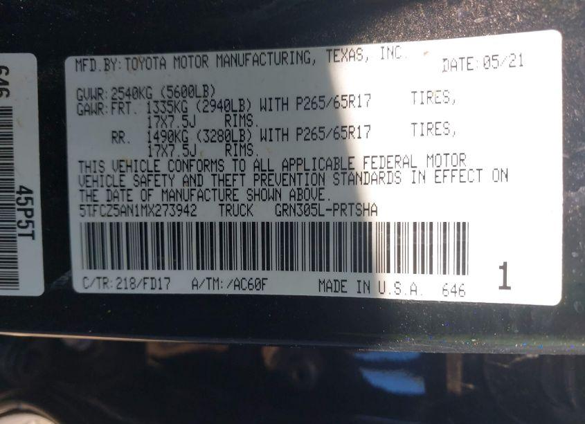 Photo 9 of 2021 Toyota Tacoma TRD SPORT (VIN 5TFCZ5AN1MX273942)