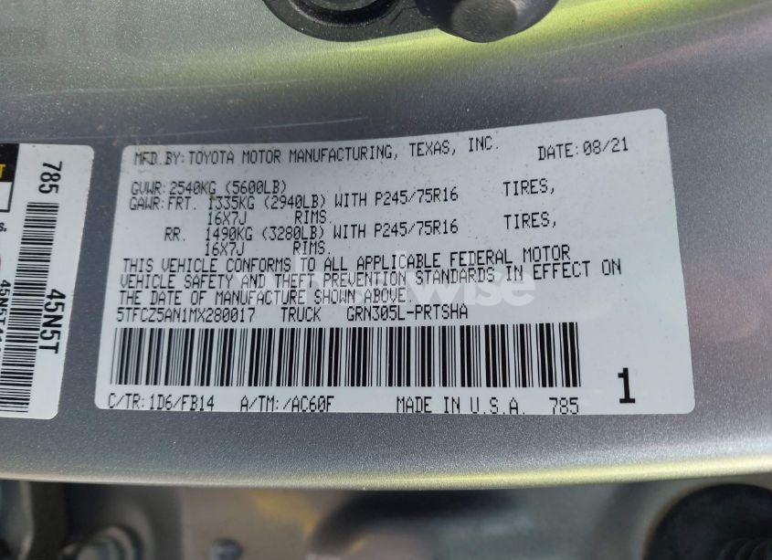 Photo 9 of 2021 Toyota Tacoma SR V6 (VIN 5TFCZ5AN1MX280017)