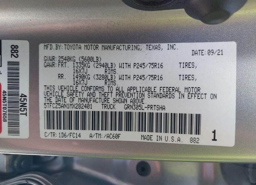 Photo 9 of 2021 Toyota Tacoma SR5 V6 (VIN 5TFCZ5AN1MX282401)